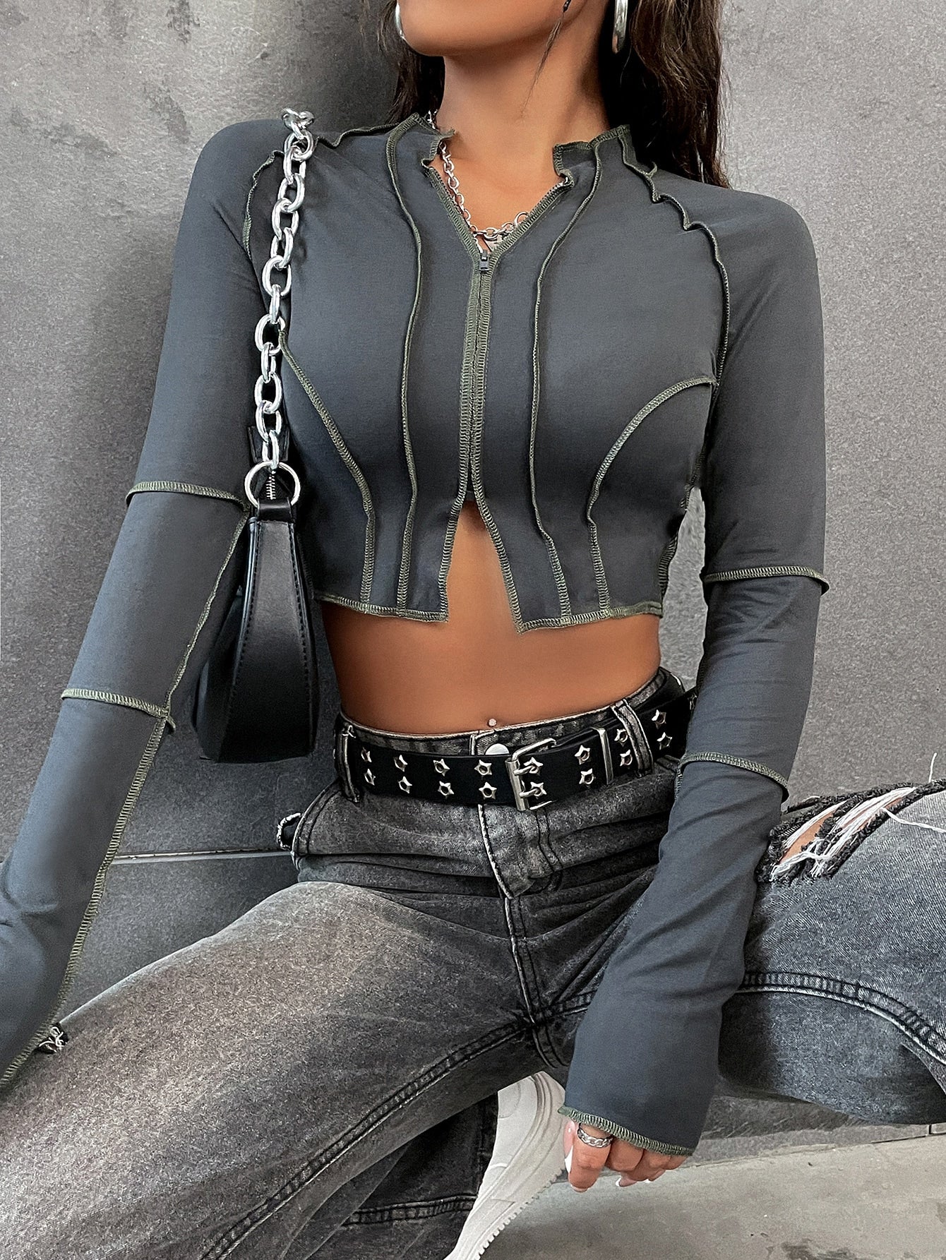 Flirla Premium Raglan Sleeve Zipper Crop Top with Top-Stitching
