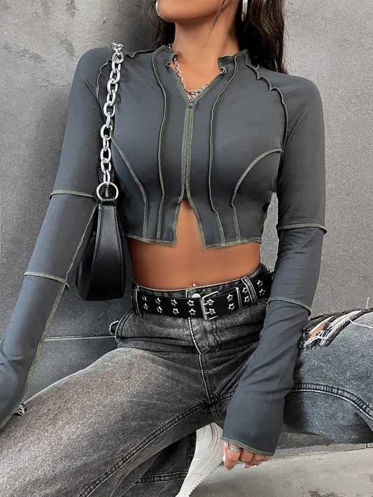 Flirla Premium Raglan Sleeve Zipper Crop Top with Top-Stitching