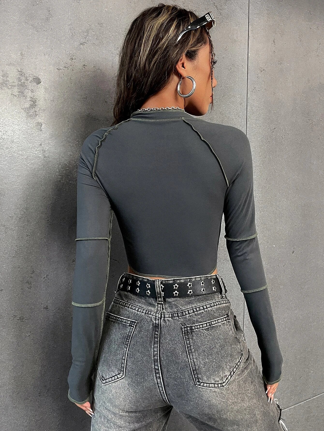 Flirla Premium Raglan Sleeve Zipper Crop Top with Top-Stitching