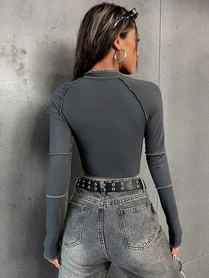 Flirla Premium Raglan Sleeve Zipper Crop Top with Top-Stitching