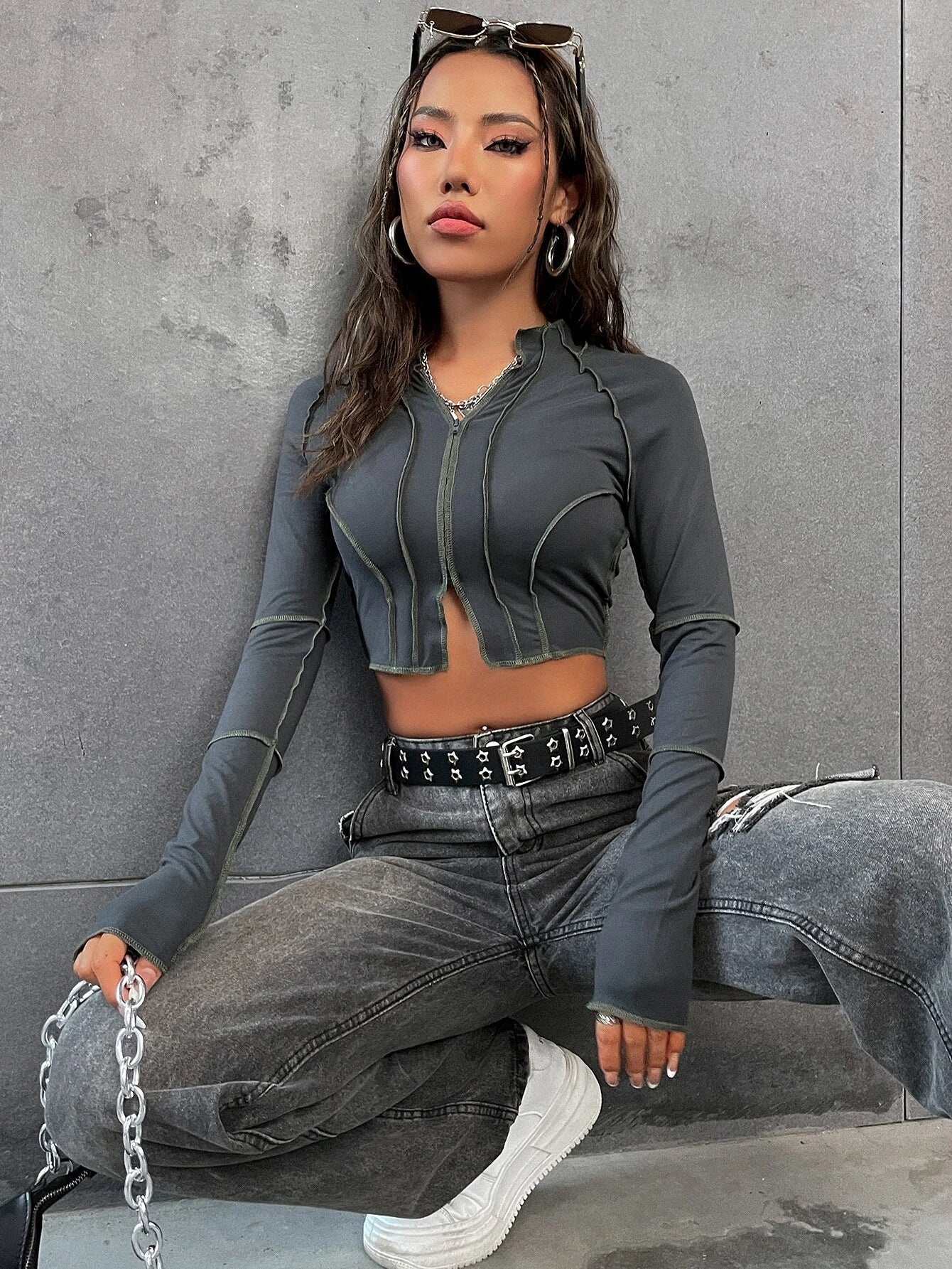 Flirla Premium Raglan Sleeve Zipper Crop Top with Top-Stitching
